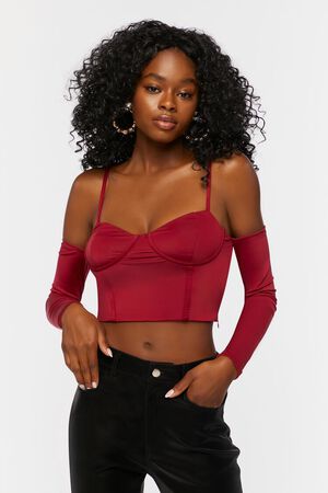 BURGUNDY Bustier Open-Shoulder Crop Top, image 1