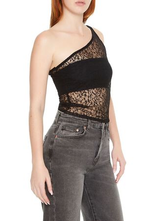 BLACK Sheer Lace One-Shoulder Top, image 2