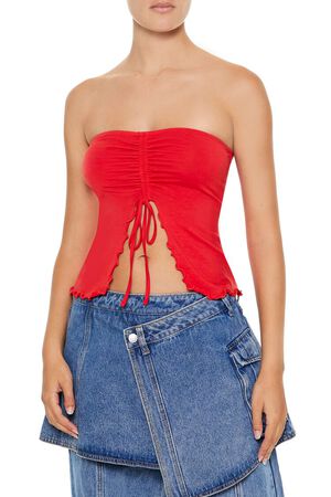 RED Lettuce-Edge Split-Hem Tube Top, image 1