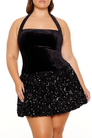 BLACK Plus Size Sequin Halter Mini Dress, image 2