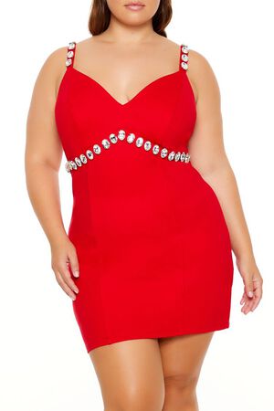 RED Plus Size Faux Gem Mini Dress, image 2