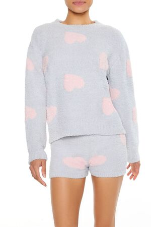 LIGHT GREY/PINK Heart Print Pajama Sweater, image 1