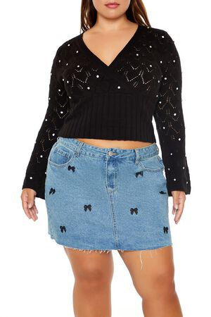 WHITE Plus Size Pointelle Surplice Sweater, image 1