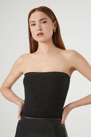 BLACK Glitter Knit Tube Bodysuit, image 1