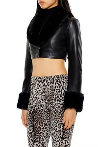 BLACK Faux Leather & Fur Cropped Jacket, image 4