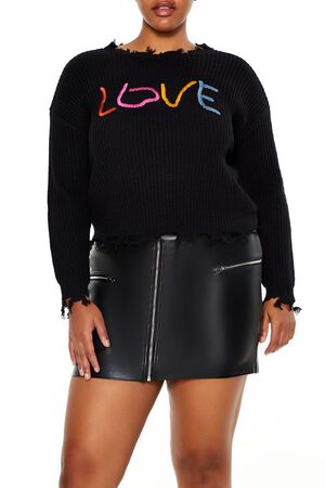BLACK/RED Plus Size Love Embroidered Sweater, image 1