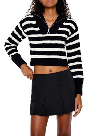 WHITE/BLACK Striped Half-Zip Sweater, image 1