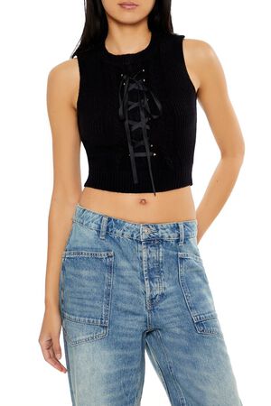 CREAM Sweater-Knit Lace-Up Crop Top, image 1