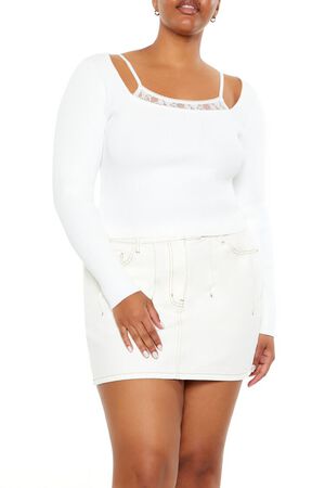 WHITE Plus Size Lace Cami & Sweater Combo Top, image 1