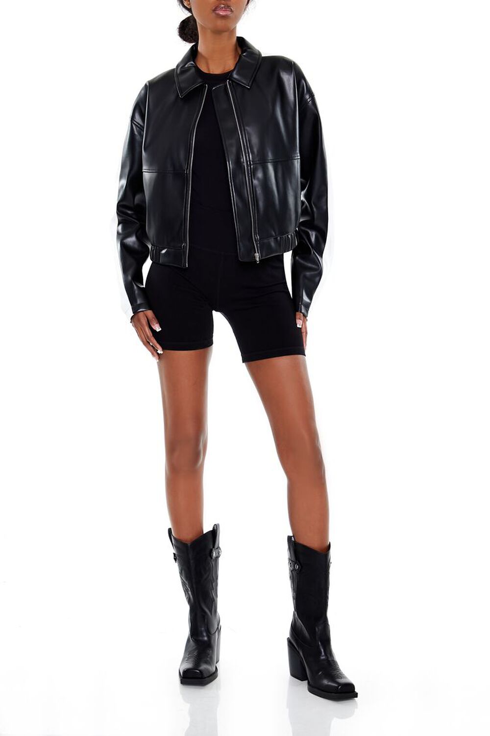 BLACK Cropped Colorblock Moto Jacket, image 2