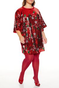 RED/MULTI Plus Size Sequin Christmas Lights T-Shirt Dress, image 1