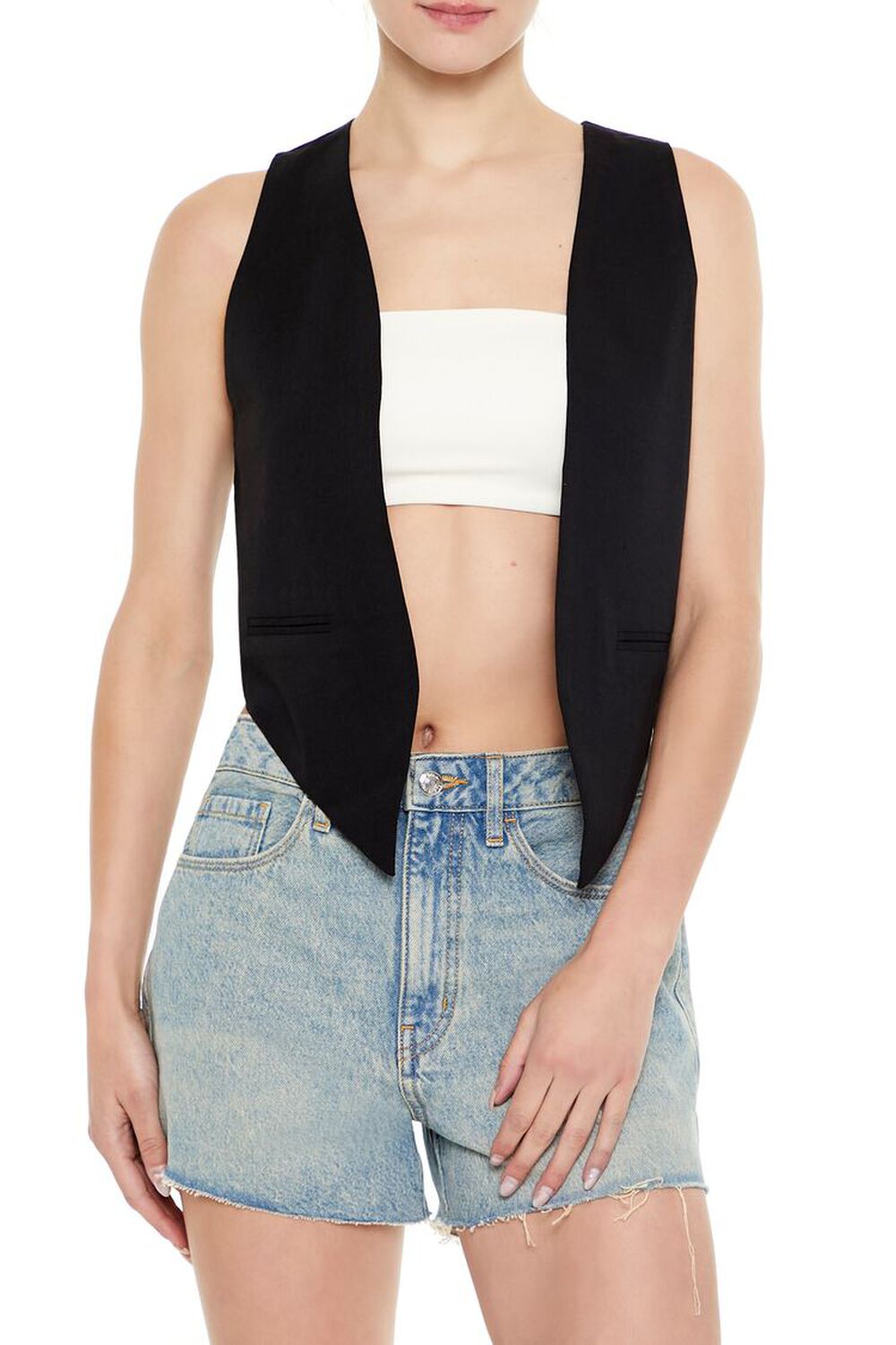 BLACK Open-Front Pointed-Hem Vest, image 1