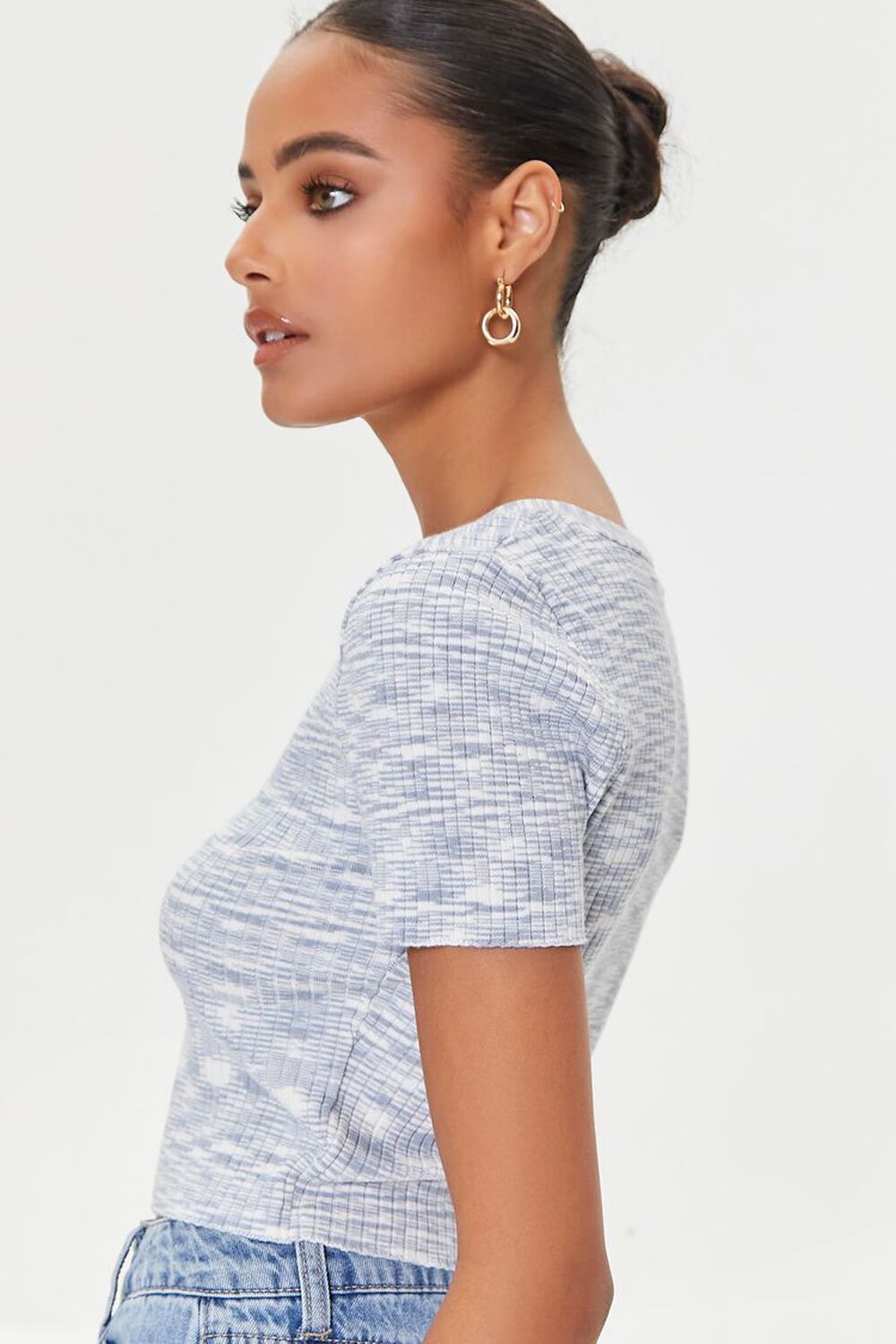 BLUE/MULTI Marled Sweater-Knit Crop Top, image 2