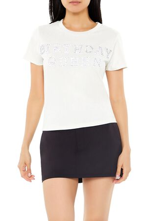 WHITE/MULTI Rhinestone Birthday Queen Tee, image 1