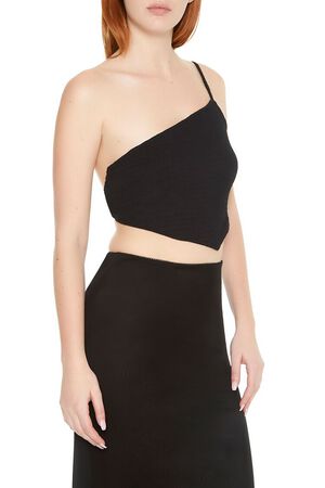 BLACK Textured One-Shoulder Crop Top, image 2