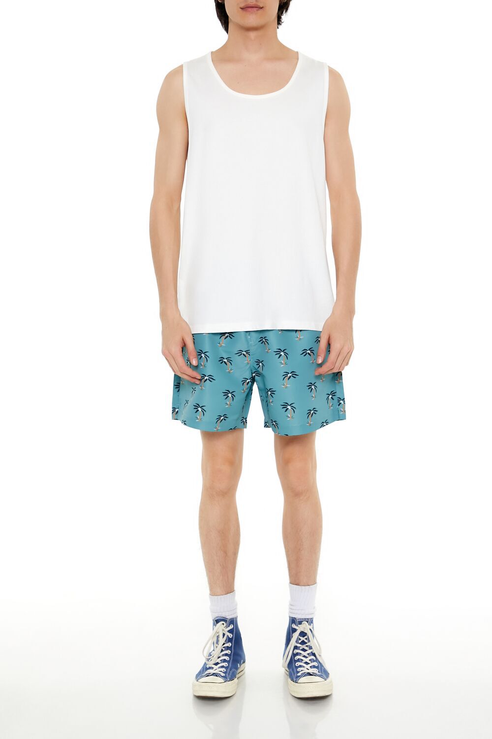 TEAL BLUE/MULTI Palm Tree Swim Trunks, image 1