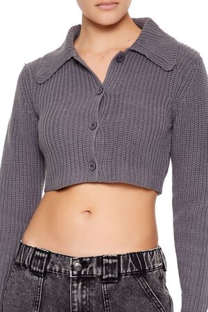 OLIVINE  Cropped Rib-Knit Cardigan Sweater, image 3