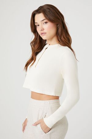 WHITE Cotton Ribbed Cropped Henley Top, image 2