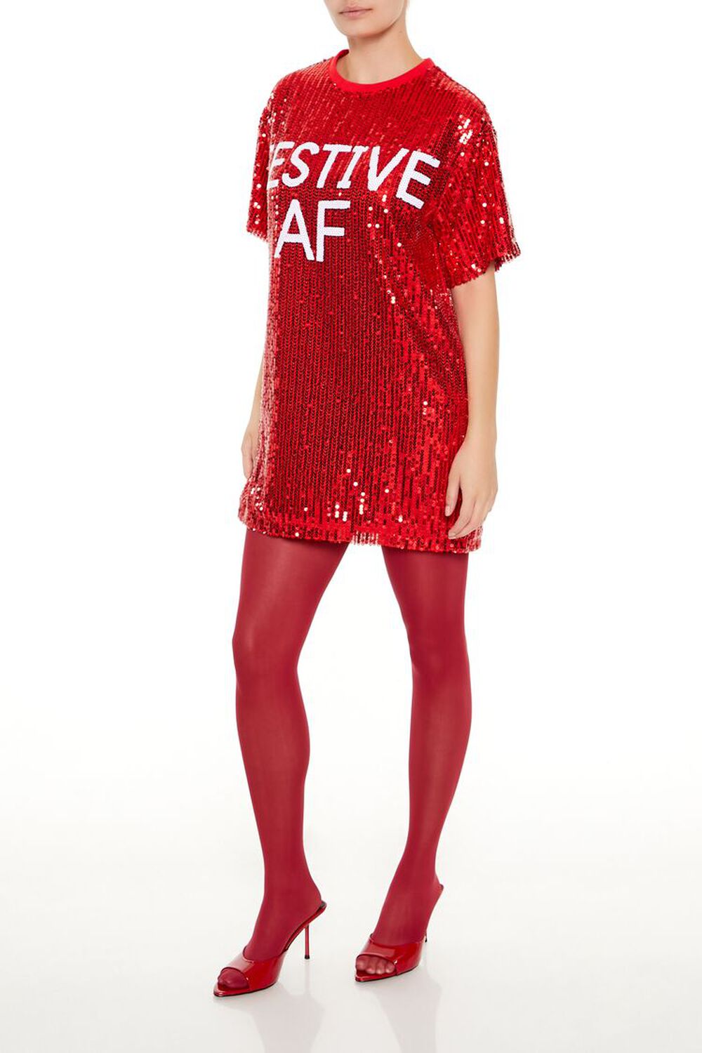 RED/WHITE Sequin Festive AF T-Shirt Dress, image 3