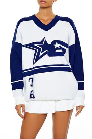 WHITE/BLUE Colorblock Star 6 Sweater, image 1