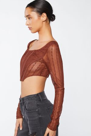 BROWN Crochet Lace Long-Sleeve Crop Top, image 2