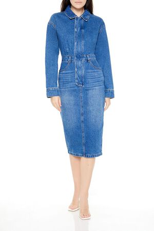 MEDIUM DENIM Denim Button-Front Midi Dress, image 2