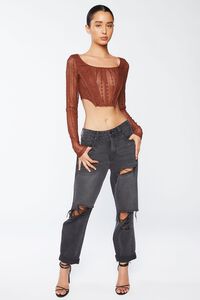 BROWN Crochet Lace Long-Sleeve Crop Top, image 5