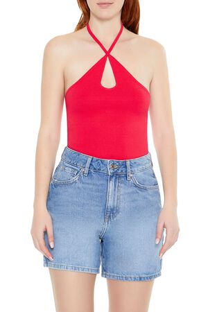 VIBRANT ORANGE Sweater-Knit Halter Thong Bodysuit, image 1