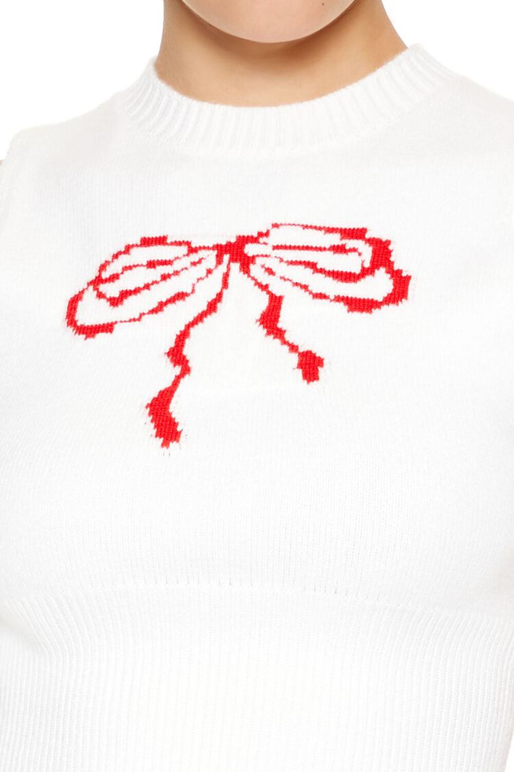 WHITE/RED Sweater-Knit Bow Crop Top, image 3