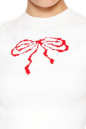 WHITE/RED Sweater-Knit Bow Crop Top, image 3