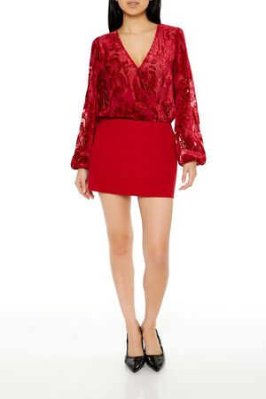 DARK RED Flocked Paisley Surplice Bodysuit, image 1