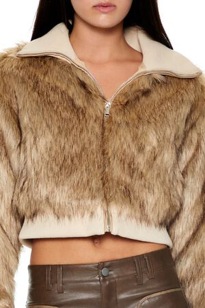 TAN/MULTI Cropped Faux Fur Bomber Jacket, image 3