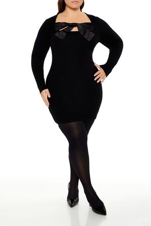 BLACK Plus Size Satin Bow Mini Dress, image 1