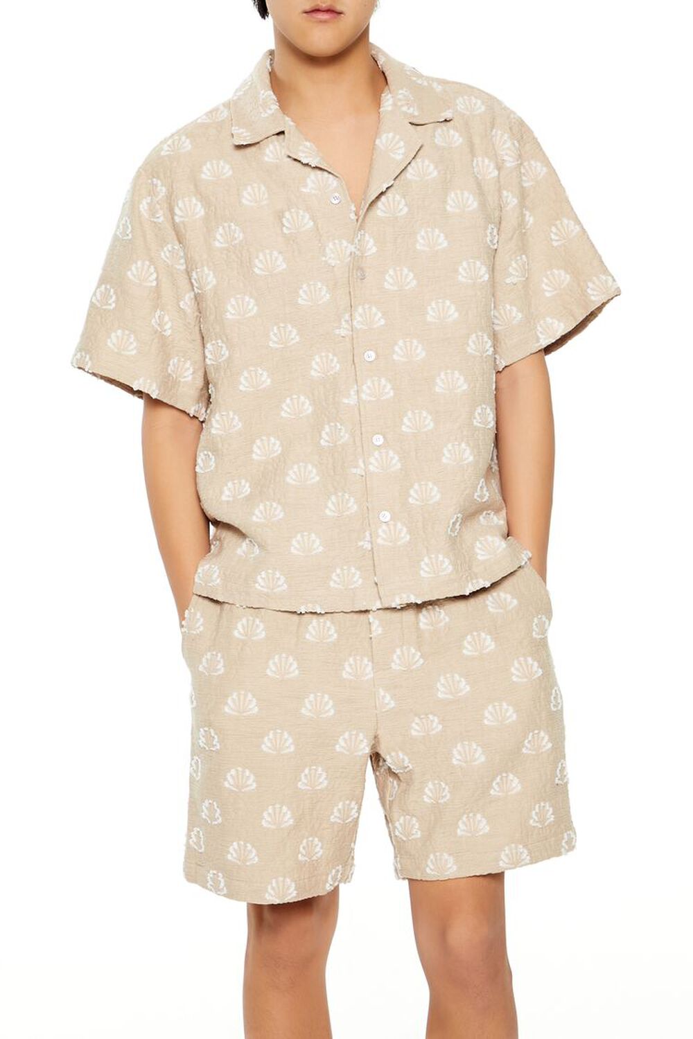 TAUPE/CREAM Textured Geo Cuban-Collar Shirt, image 1