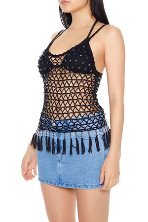 BLACK/MULTI Sweater-Knit Crochet Cami, image 2