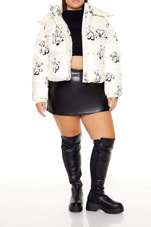 CREAM/MULTI Plus Size Teddy Bear Print Puffer Jacket, image 2