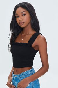 BLACK Smocked Ruffled Cropped Tank Top, image 3