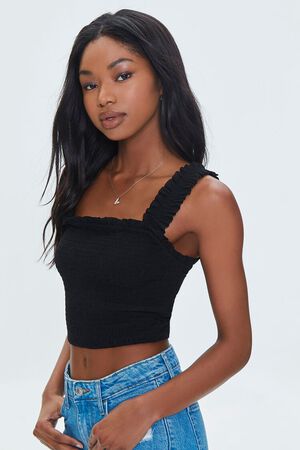 WHITE Smocked Ruffled Cropped Tank Top, image 3