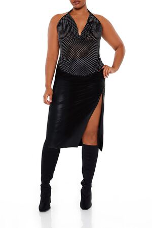 BLACK Plus Size Faux Leather Midi Skirt, image 1
