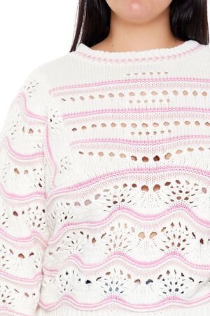 WHITE/MULTI Plus Size Open-Knit Two-Tone Sweater, image 3