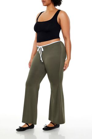 OLIVE/WHITE Plus Size Tie-Waist Flare Leggings, image 3