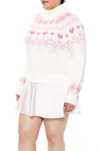 WHITE/PINK Plus Size Fair Isle Turtleneck Sweater, image 4