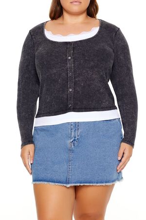 BROWN/WHITE Plus Size Ribbed Henley Top, image 1