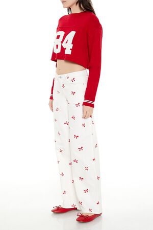 WHITE/RED Bow Embroidered Baggy Pants, image 3
