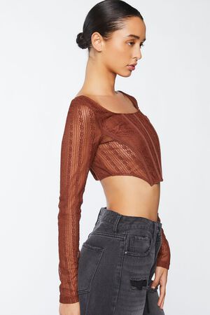 BROWN Crochet Lace Long-Sleeve Crop Top, image 3