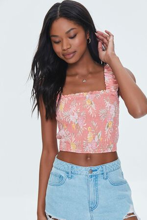 TIGERLILY/MULTI Tropical Leaf Smocked Crop Top, image 1