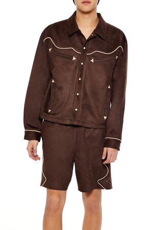 COCOA/TAUPE Geo Faux Suede Trucker Jacket, image 1