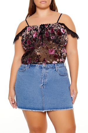 BLACK/MULTI Plus Size Eyelash Lace-Trim Floral Crop Top, image 1
