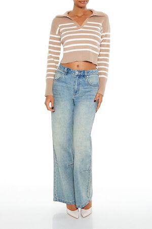BROWN/WHITE Striped Cropped Sweater, image 2