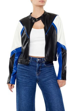 BLACK/BLUE Colorblock Cropped Moto Jacket, image 1